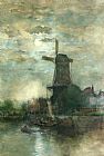 Windmill, Paintings - A Moonlit Windmill by Fredericus Jacobus Van Rossum Chattel